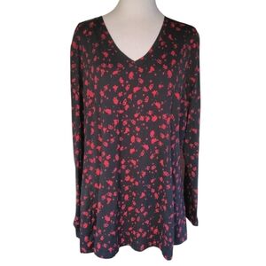 Lane Bryant Long Sleeve Stretchy Black Red Floral Pattern Blouse Size 14/16